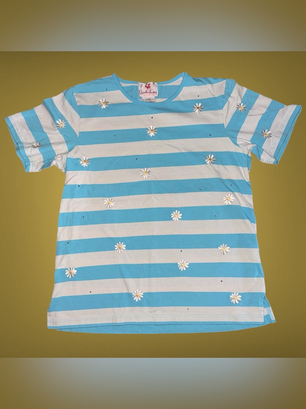 Vintage Y2K Quacker Factory Daisy Embroidered Striped Rhinestone Top Large